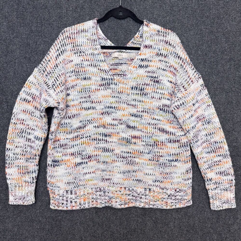 LOFT Sweater Multicolor Size L  Spacedye Double V Chunky Knit Oversized